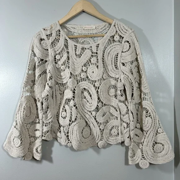 SOLITAIRE Crochet Lace Bell Sleeve Top Cream Knit Festival Boho Beach Hippie L - Picture 1 of 10